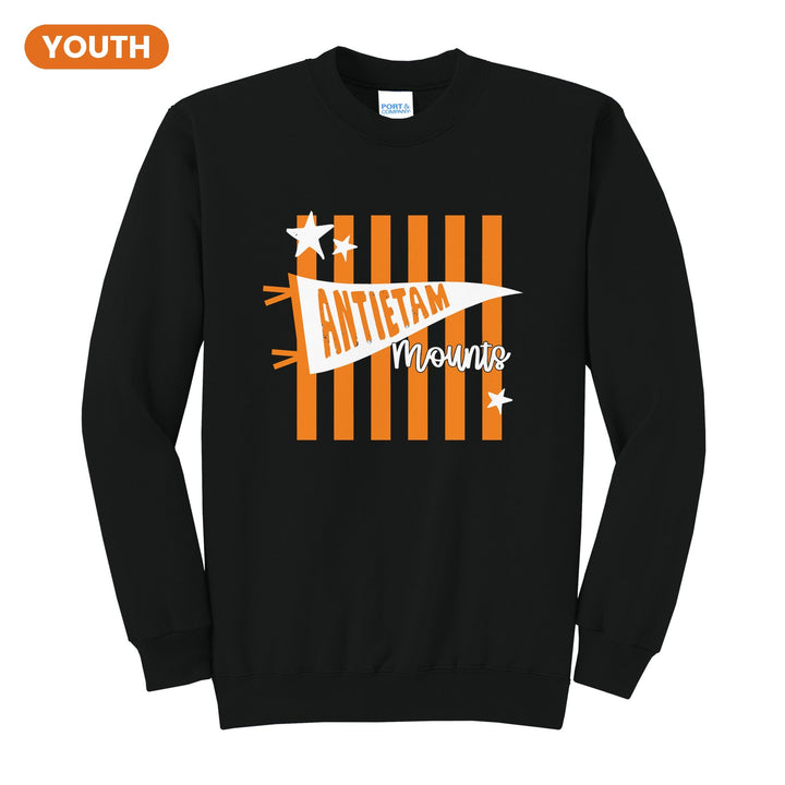 Antietam Mountaineers Pennant Stripes youth crewneck sweatshirt in Jet Black: an Antietam pennant and Mounts script over orange stripes and stars