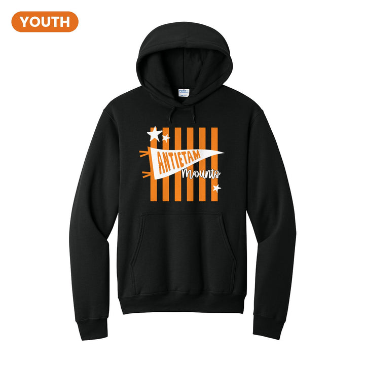 Antietam Mountaineers Pennant Stripes youth hoodie in Jet Black: an Antietam pennant and Mounts script over orange stripes and stars