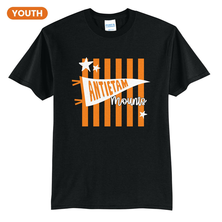 Antietam Mountaineers Pennant Stripes youth t-shirt in Jet Black: an Antietam pennant and Mounts script over orange stripes and stars