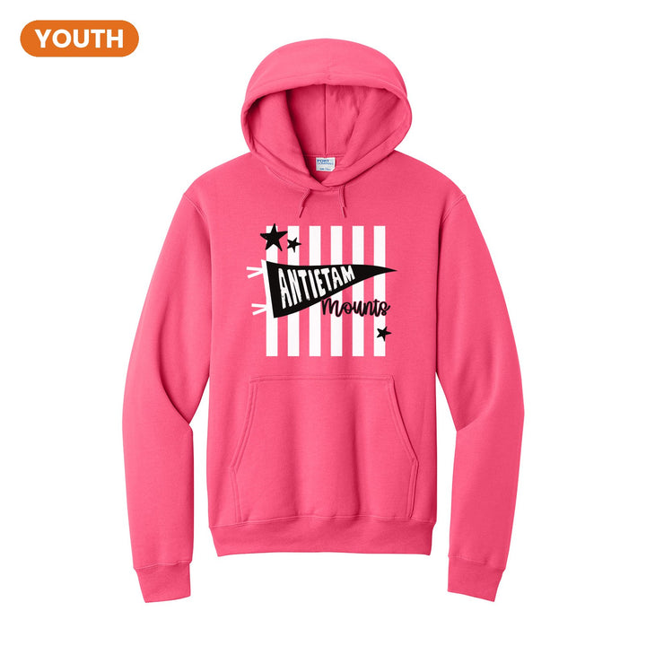 Antietam Mountaineers Pennant Stripes youth hoodie in Neon Pink: an Antietam pennant and Mounts script over orange stripes and stars