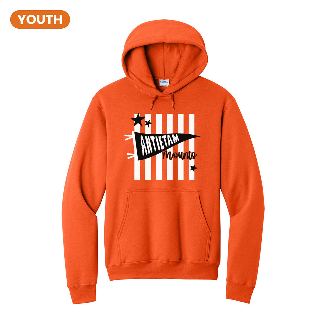 Antietam Mountaineers Pennant Stripes youth hoodie in Orange: an Antietam pennant and Mounts script over orange stripes and stars