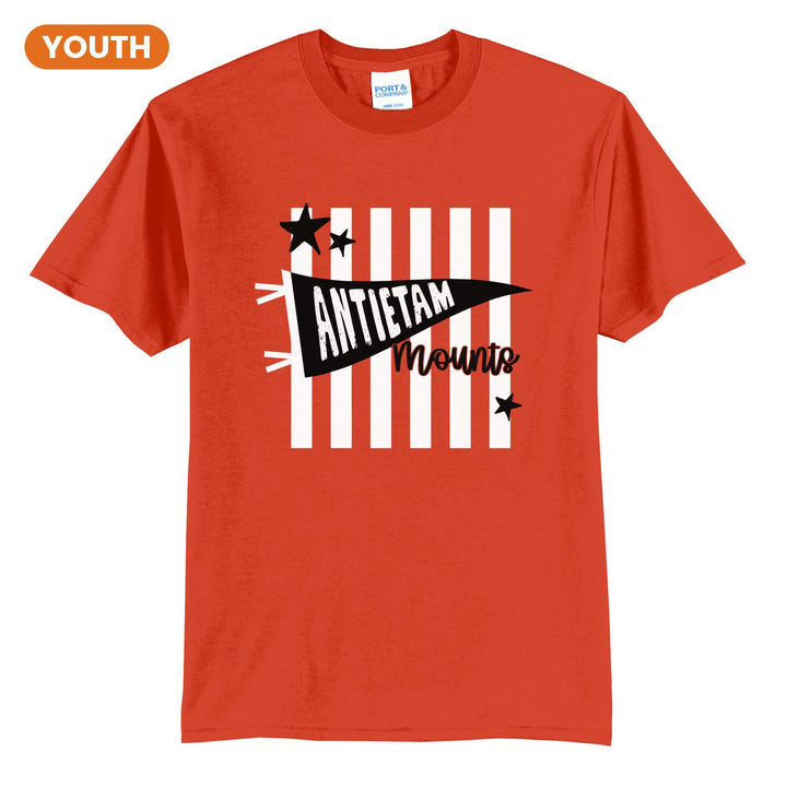 Antietam Mountaineers Pennant Stripes youth t-shirt in Orange: an Antietam pennant and Mounts script over orange stripes and stars