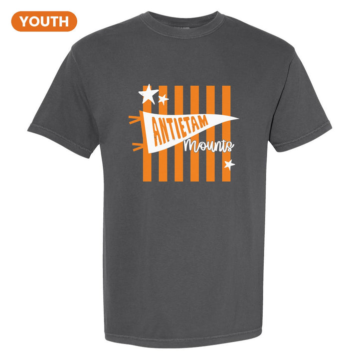 Antietam Mountaineers Pennant Stripes youth comfort colors t-shirt in Pepper: an Antietam pennant and Mounts script over orange stripes and stars
