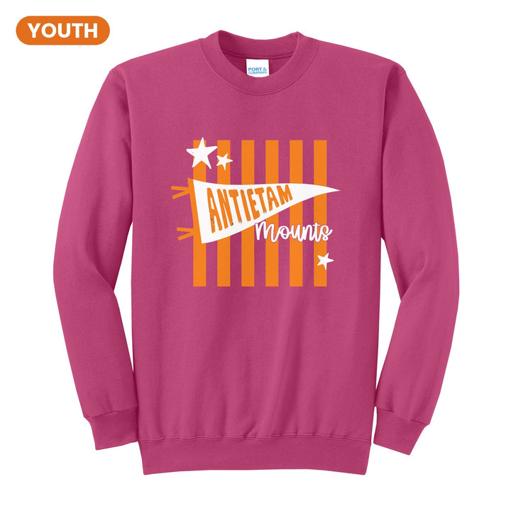 Antietam Mountaineers Pennant Stripes youth crewneck sweatshirt in Sangria: an Antietam pennant and Mounts script over orange stripes and stars
