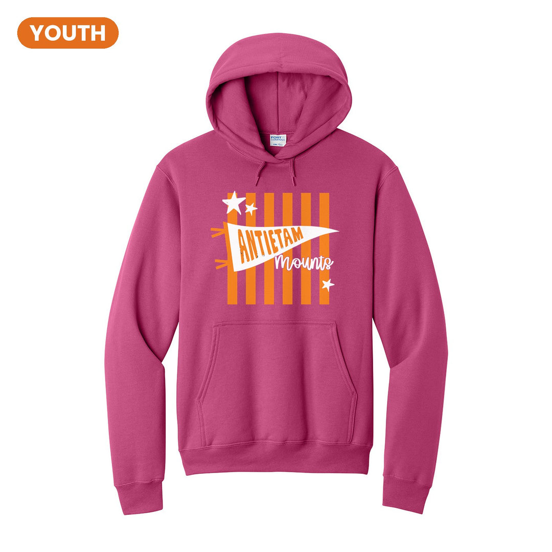 Antietam Mountaineers Pennant Stripes youth hoodie in Sangria: an Antietam pennant and Mounts script over orange stripes and stars