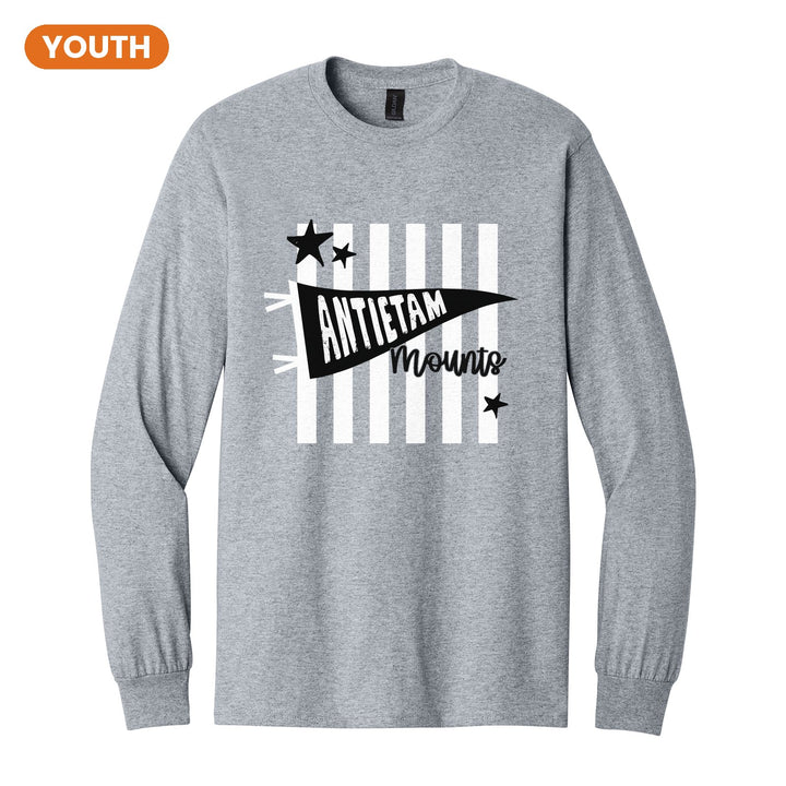Antietam Mountaineers Pennant Stripes youth long sleeve t-shirt in Sport Grey: an Antietam pennant and Mounts script over orange stripes and stars