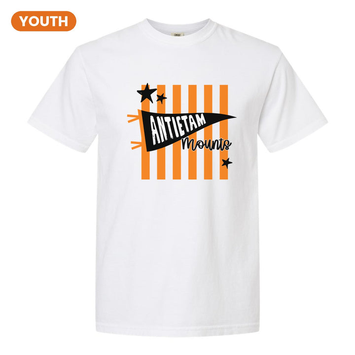 Antietam Mountaineers Pennant Stripes youth comfort colors t-shirt in White: an Antietam pennant and Mounts script over orange stripes and stars