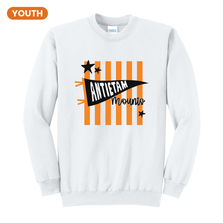 Antietam Mountaineers Pennant Stripes youth crewneck sweatshirt in White: an Antietam pennant and Mounts script over orange stripes and stars