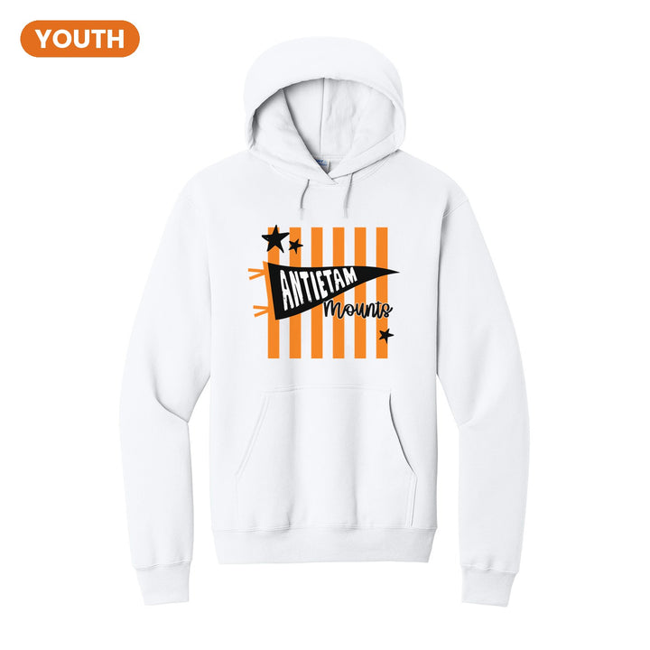 Antietam Mountaineers Pennant Stripes youth hoodie in White: an Antietam pennant and Mounts script over orange stripes and stars