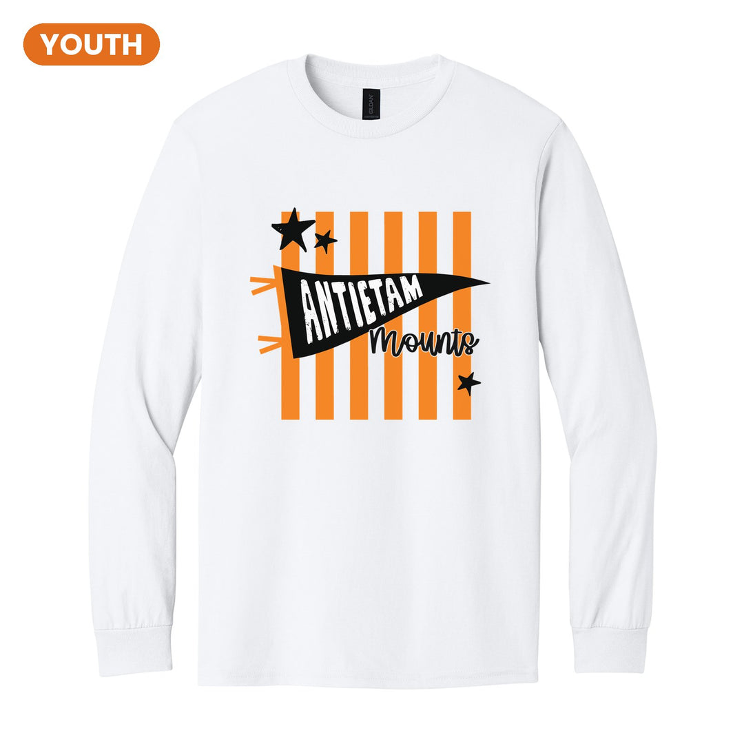 Antietam Mountaineers Pennant Stripes youth long sleeve t-shirt in White: an Antietam pennant and Mounts script over orange stripes and stars