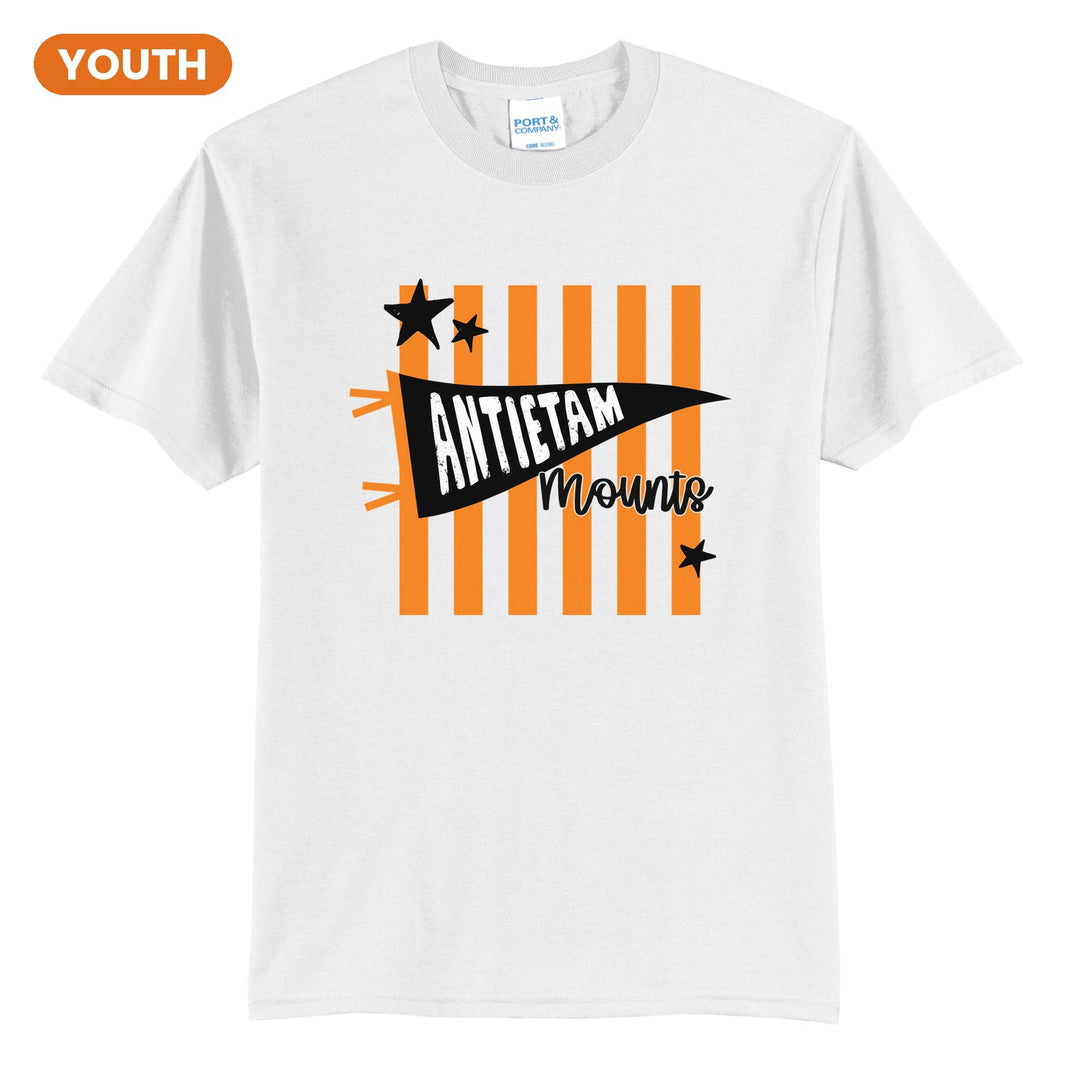 Antietam Mountaineers Pennant Stripes youth t-shirt in White: an Antietam pennant and Mounts script over orange stripes and stars