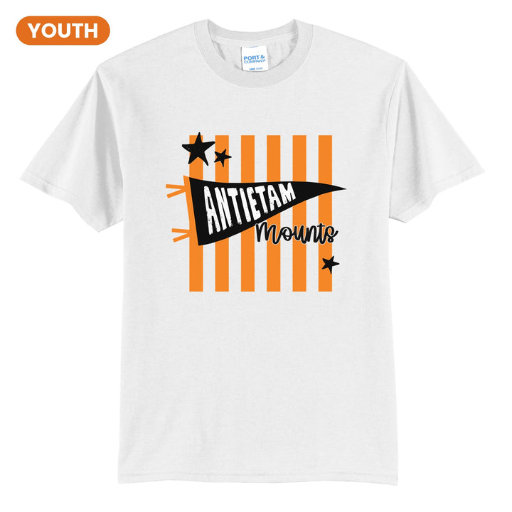 Antietam Mountaineers Pennant Stripes youth t-shirt in White: an Antietam pennant and Mounts script over orange stripes and stars