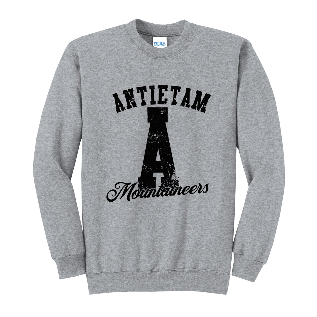 Antietam Mountaineers A Monogram crewneck sweatshirt in Athletic Heather: ANTIETAM arched over a distressed varsity A with Mountaineers script