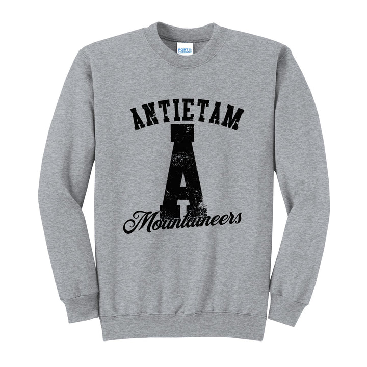 Antietam Mountaineers A Monogram crewneck sweatshirt in Athletic Heather: ANTIETAM arched over a distressed varsity A with Mountaineers script
