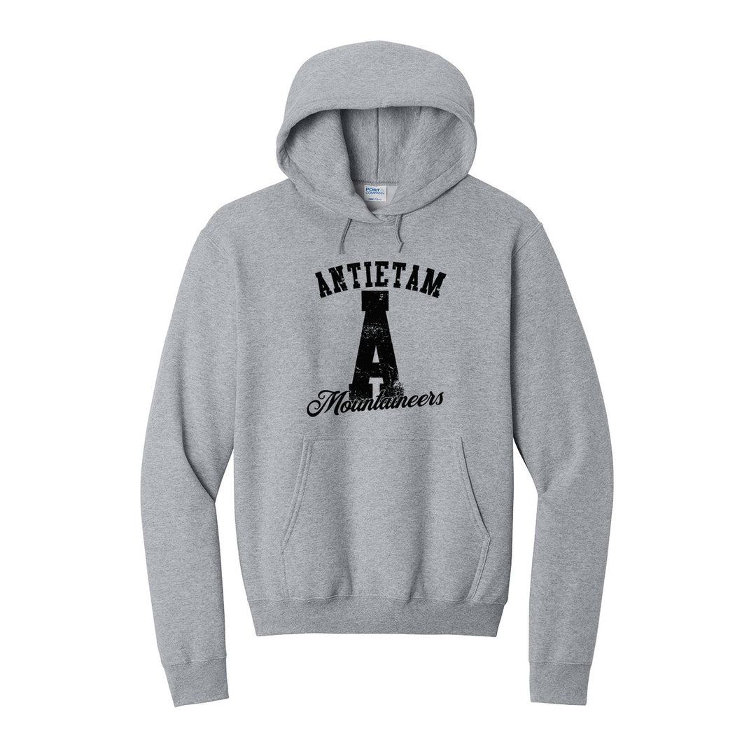 Antietam Mountaineers A Monogram hoodie in Athletic Heather: ANTIETAM arched over a distressed varsity A with Mountaineers script