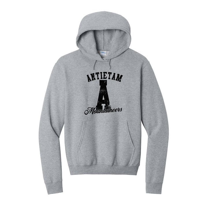 Antietam Mountaineers A Monogram hoodie in Athletic Heather: ANTIETAM arched over a distressed varsity A with Mountaineers script