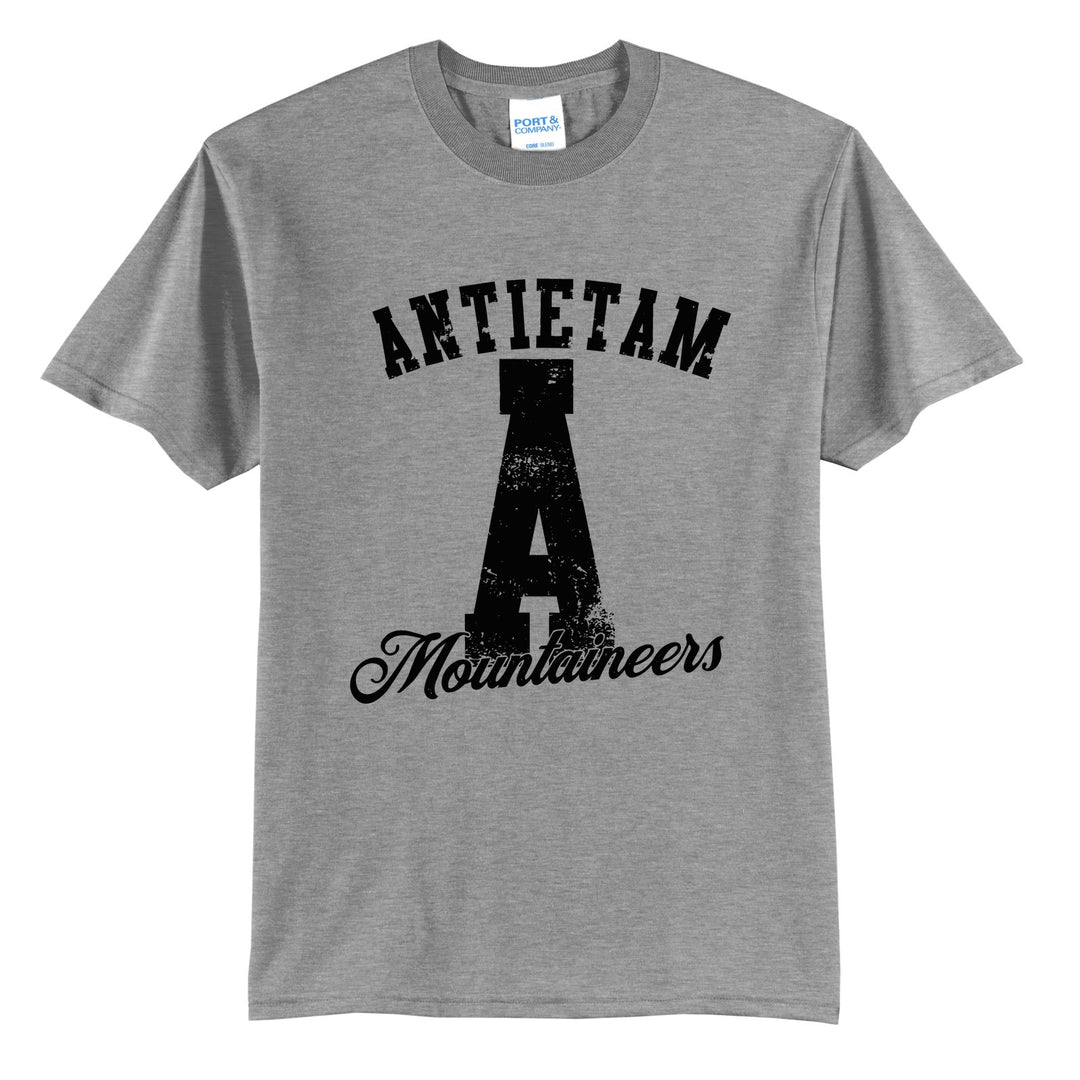 Antietam Mountaineers A Monogram t-shirt in Athletic Heather: ANTIETAM arched over a distressed varsity A with Mountaineers script