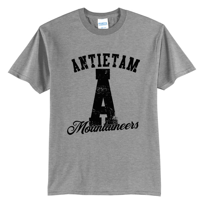 Antietam Mountaineers A Monogram t-shirt in Athletic Heather: ANTIETAM arched over a distressed varsity A with Mountaineers script