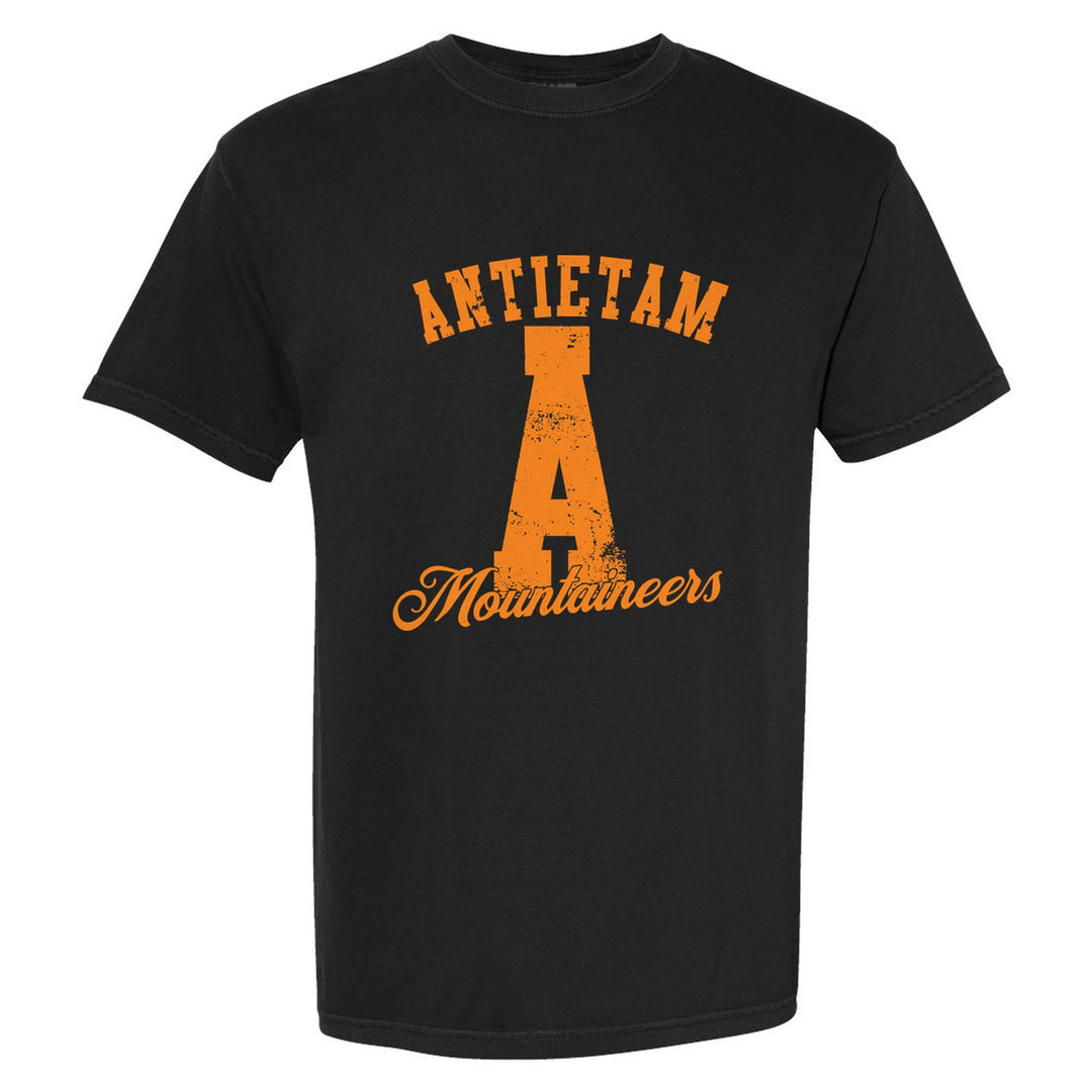 Antietam Mountaineers A Monogram comfort colors t-shirt in Black: ANTIETAM arched over a distressed varsity A with Mountaineers script