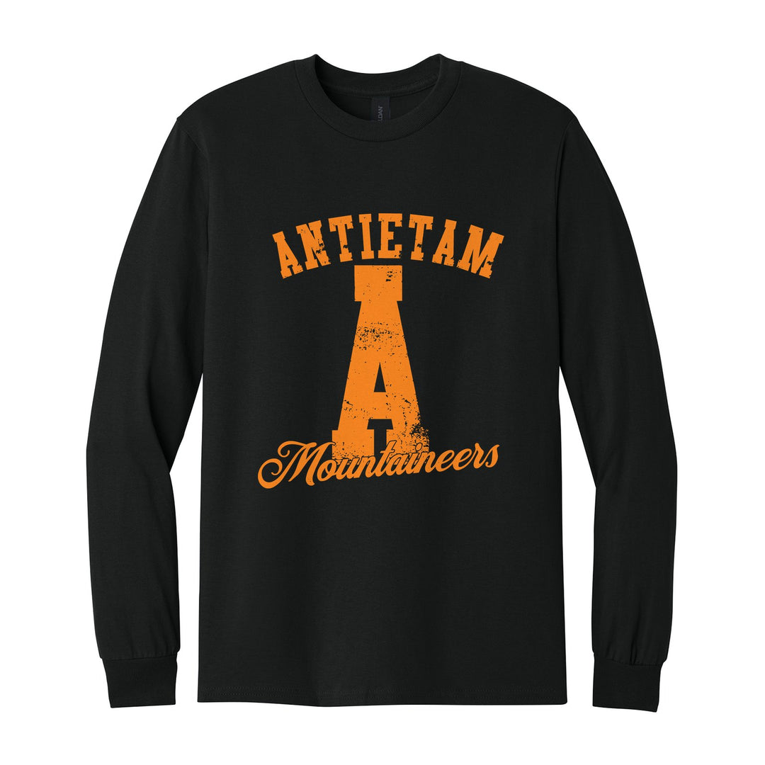 Antietam Mountaineers A Monogram long sleeve t-shirt in Black: ANTIETAM arched over a distressed varsity A with Mountaineers script