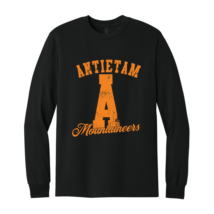 Antietam Mountaineers A Monogram long sleeve t-shirt in Black: ANTIETAM arched over a distressed varsity A with Mountaineers script