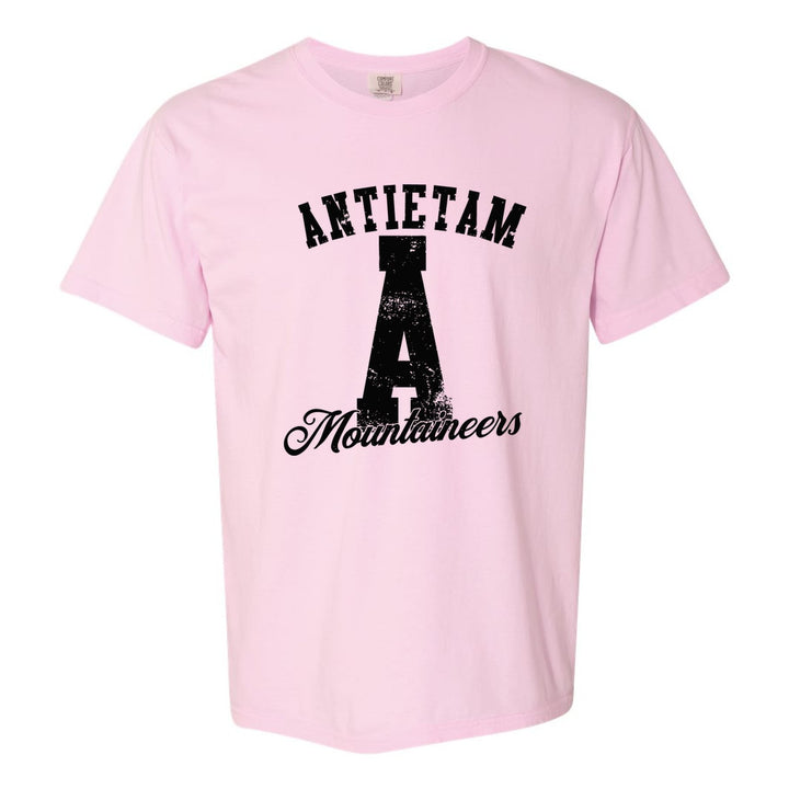 Antietam Mountaineers A Monogram comfort colors t-shirt in Blossom: ANTIETAM arched over a distressed varsity A with Mountaineers script