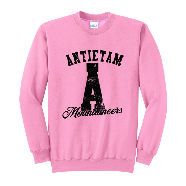 Antietam Mountaineers A Monogram crewneck sweatshirt in Candy Pink: ANTIETAM arched over a distressed varsity A with Mountaineers script
