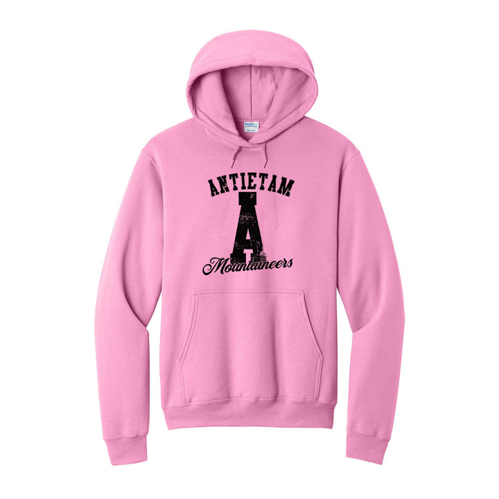Antietam Mountaineers A Monogram hoodie in Candy Pink: ANTIETAM arched over a distressed varsity A with Mountaineers script