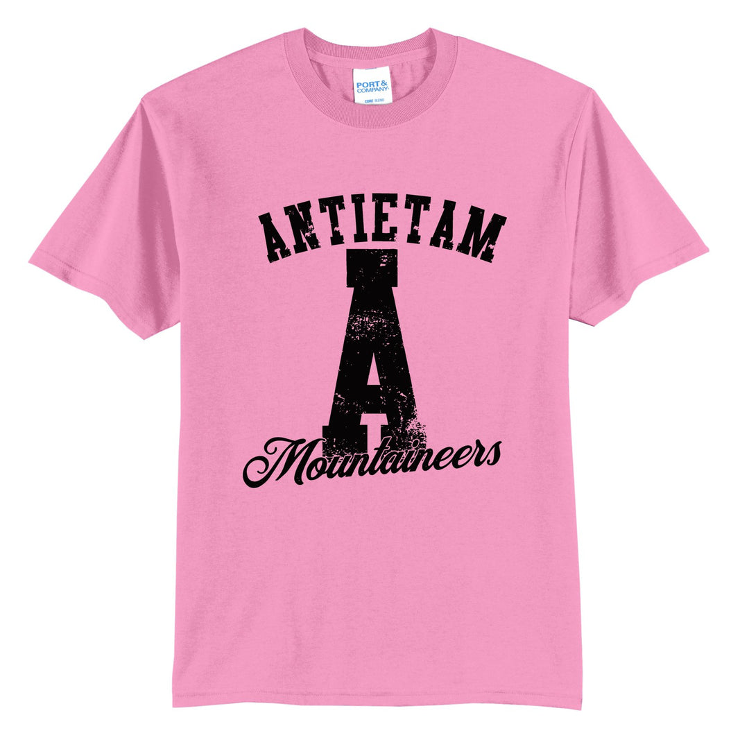 Antietam Mountaineers A Monogram t-shirt in Candy Pink: ANTIETAM arched over a distressed varsity A with Mountaineers script