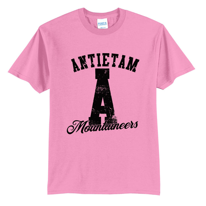 Antietam Mountaineers A Monogram t-shirt in Candy Pink: ANTIETAM arched over a distressed varsity A with Mountaineers script