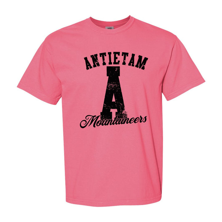 Antietam Mountaineers A Monogram comfort colors t-shirt in Crunchberry: ANTIETAM arched over a distressed varsity A with Mountaineers script