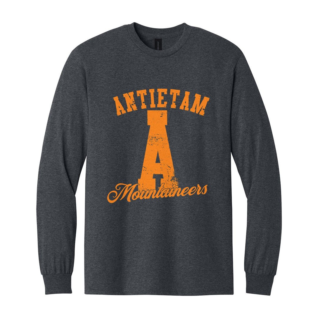 Antietam Mountaineers A Monogram long sleeve t-shirt in Dark Heather: ANTIETAM arched over a distressed varsity A with Mountaineers script