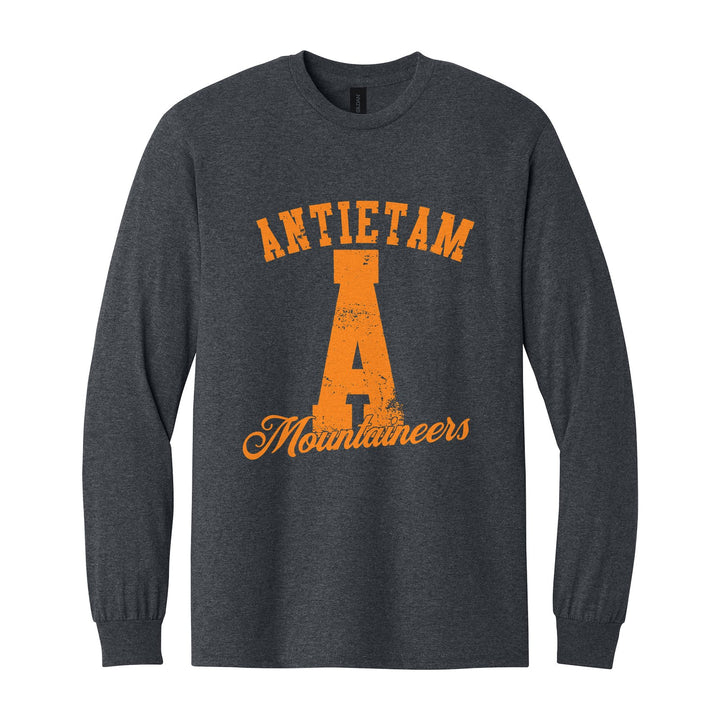 Antietam Mountaineers A Monogram long sleeve t-shirt in Dark Heather: ANTIETAM arched over a distressed varsity A with Mountaineers script