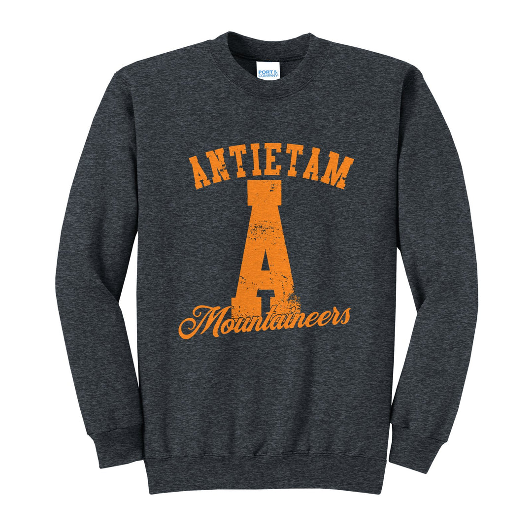 Antietam Mountaineers A Monogram crewneck sweatshirt in Dark Heather Grey: ANTIETAM arched over a distressed varsity A with Mountaineers script