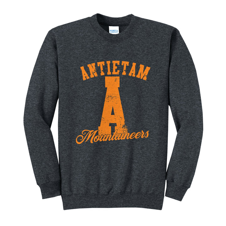 Antietam Mountaineers A Monogram crewneck sweatshirt in Dark Heather Grey: ANTIETAM arched over a distressed varsity A with Mountaineers script