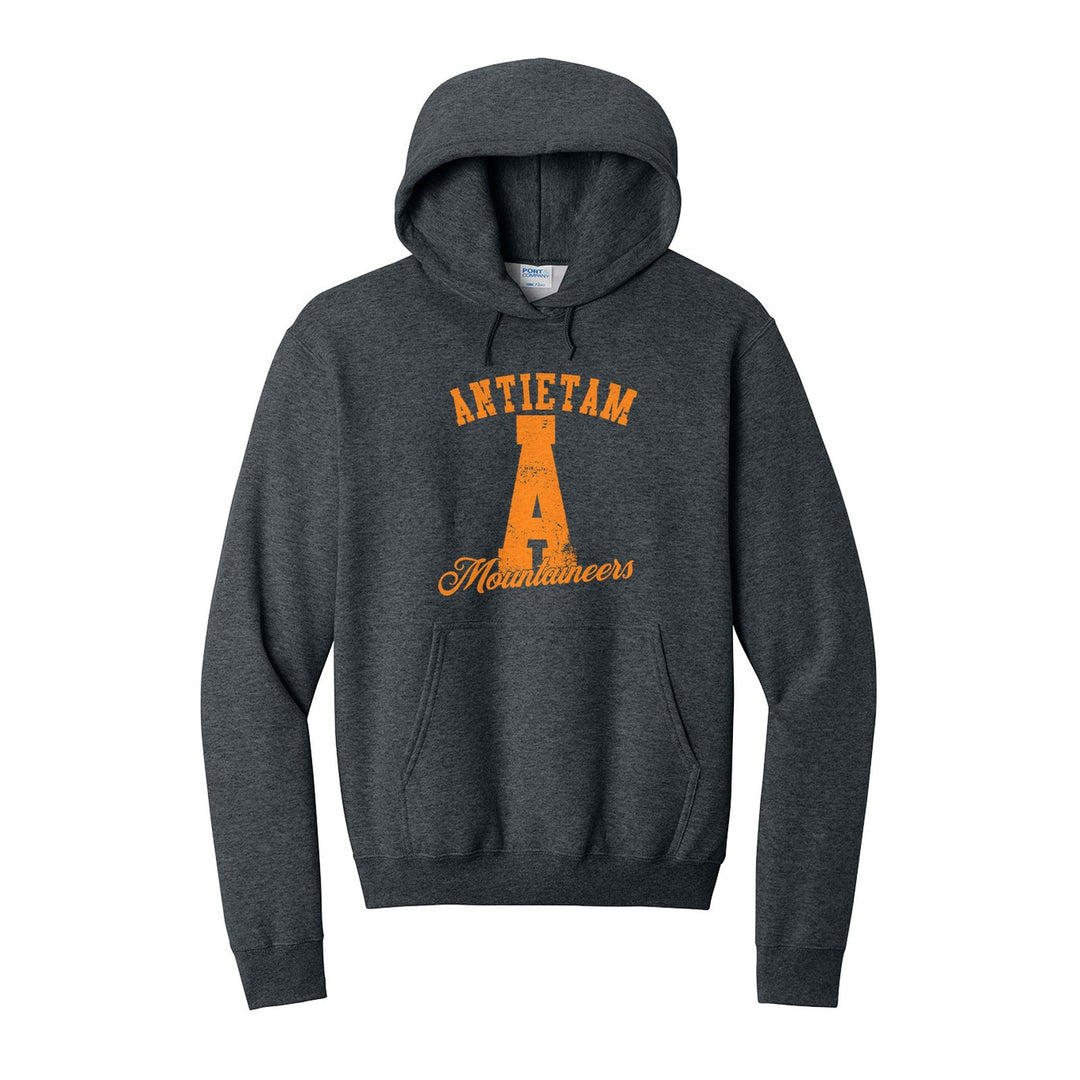 Antietam Mountaineers A Monogram hoodie in Dark Heather Grey: ANTIETAM arched over a distressed varsity A with Mountaineers script