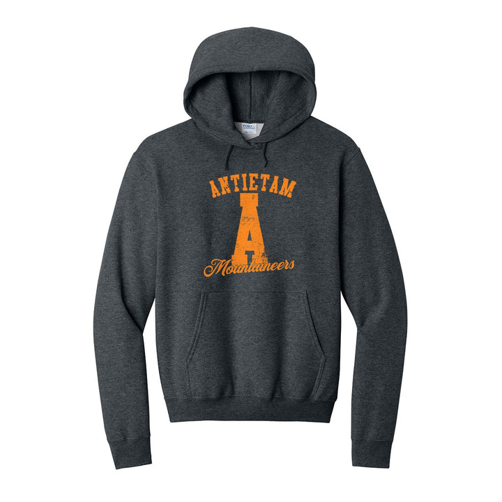 Antietam Mountaineers A Monogram hoodie in Dark Heather Grey: ANTIETAM arched over a distressed varsity A with Mountaineers script