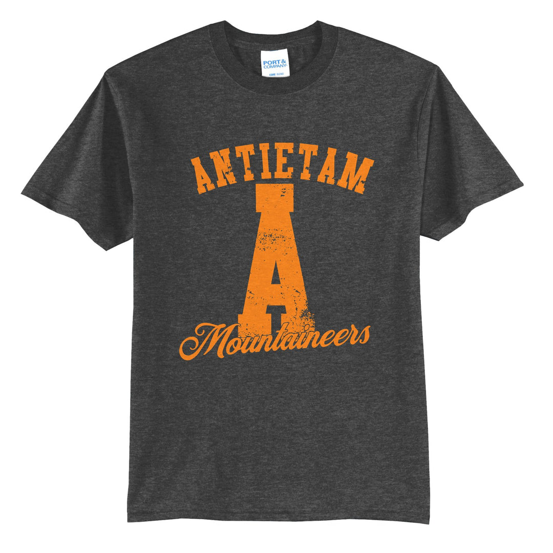 Antietam Mountaineers A Monogram t-shirt in Dark Heather Grey: ANTIETAM arched over a distressed varsity A with Mountaineers script