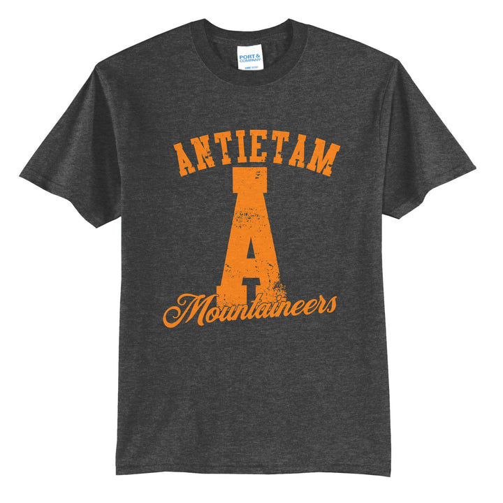 Antietam Mountaineers A Monogram t-shirt in Dark Heather Grey: ANTIETAM arched over a distressed varsity A with Mountaineers script