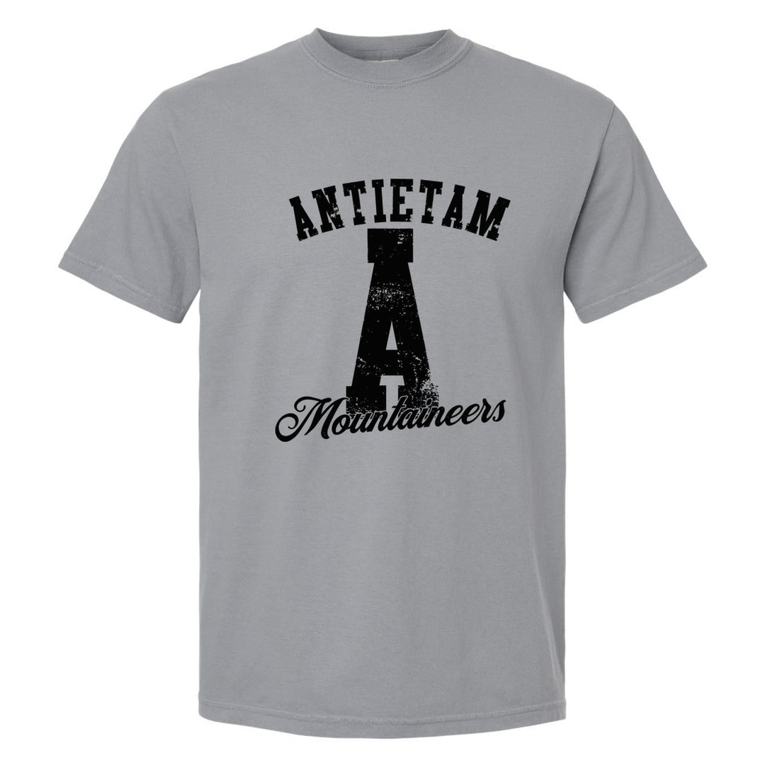 Antietam Mountaineers A Monogram comfort colors t-shirt in Granite: ANTIETAM arched over a distressed varsity A with Mountaineers script