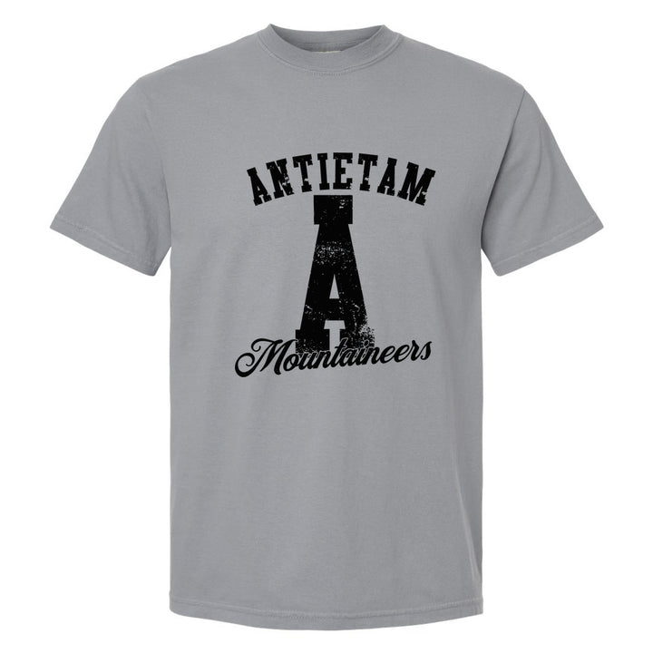 Antietam Mountaineers A Monogram comfort colors t-shirt in Granite: ANTIETAM arched over a distressed varsity A with Mountaineers script