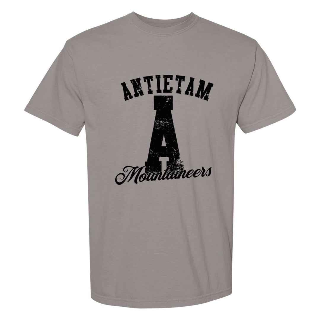 Antietam Mountaineers A Monogram comfort colors t-shirt in Grey: ANTIETAM arched over a distressed varsity A with Mountaineers script
