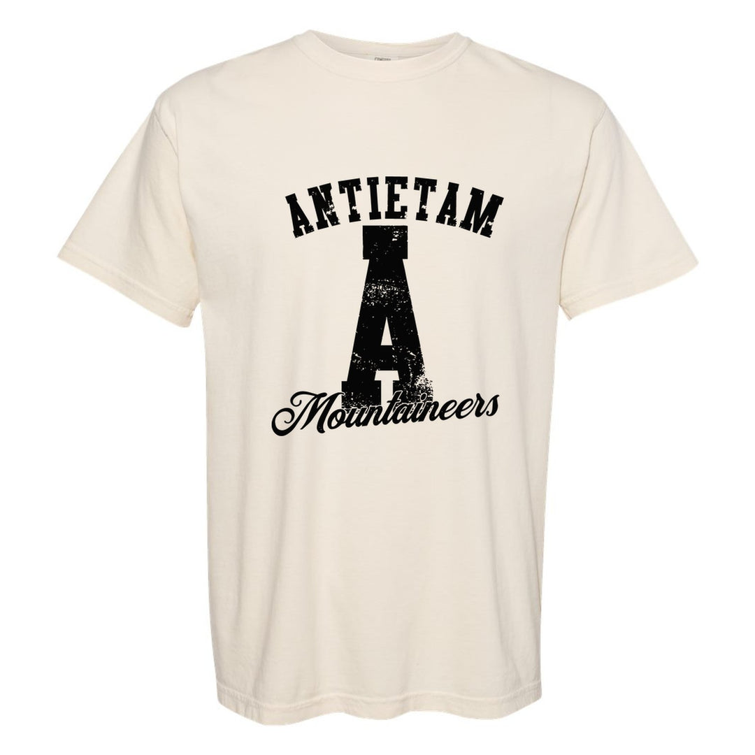 Antietam Mountaineers A Monogram comfort colors t-shirt in Ivory: ANTIETAM arched over a distressed varsity A with Mountaineers script