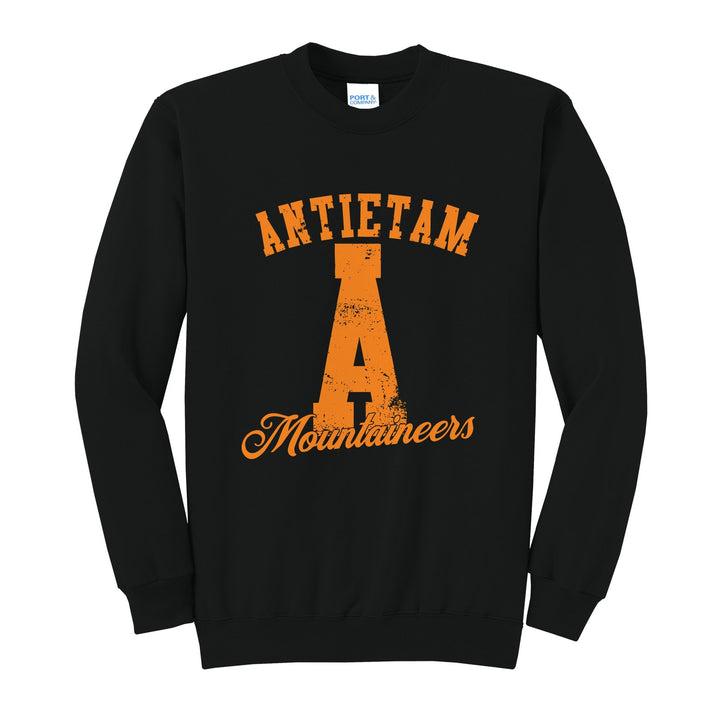 Antietam Mountaineers A Monogram crewneck sweatshirt in Jet Black: ANTIETAM arched over a distressed varsity A with Mountaineers script