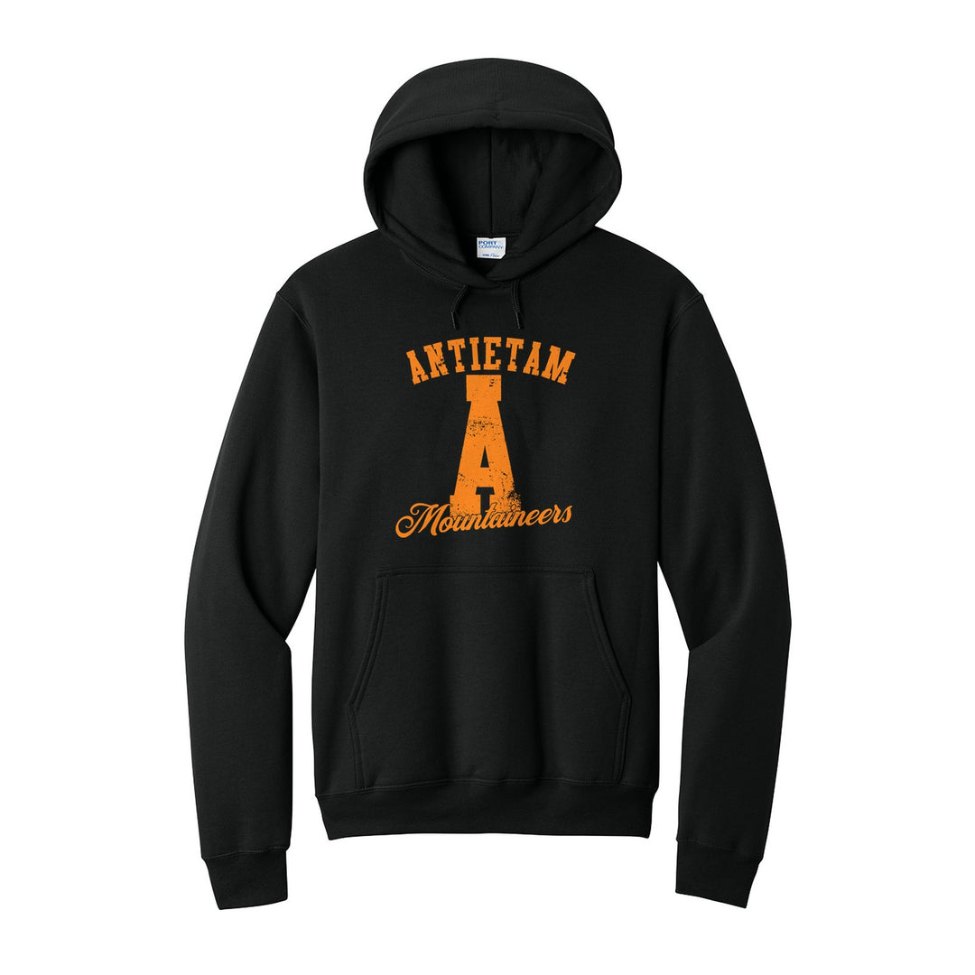 Antietam Mountaineers A Monogram hoodie in Jet Black: ANTIETAM arched over a distressed varsity A with Mountaineers script