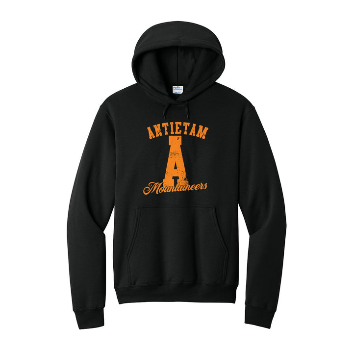 Antietam Mountaineers A Monogram hoodie in Jet Black: ANTIETAM arched over a distressed varsity A with Mountaineers script
