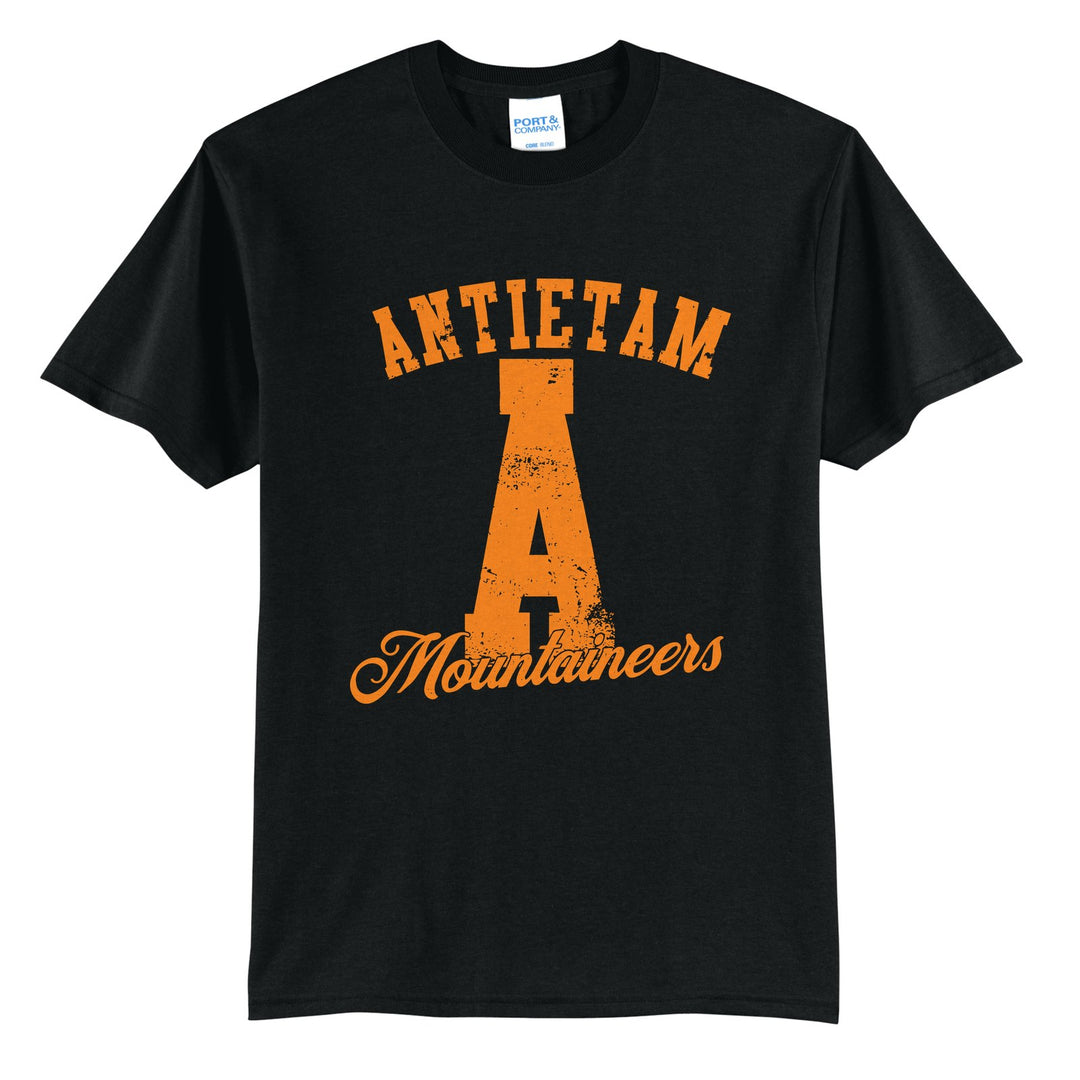 Antietam Mountaineers A Monogram t-shirt in Jet Black: ANTIETAM arched over a distressed varsity A with Mountaineers script