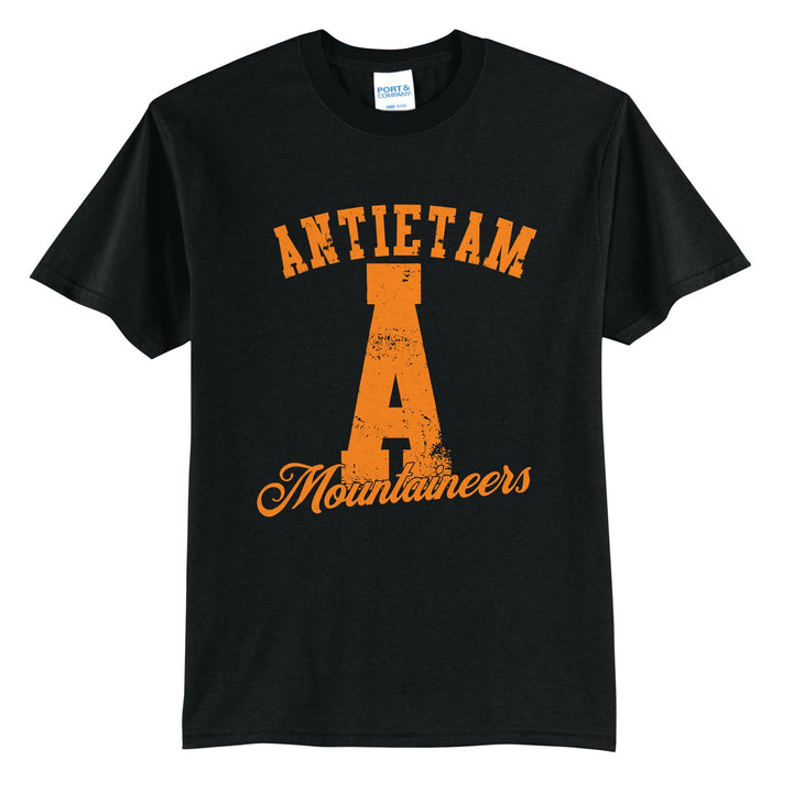 Antietam Mountaineers A Monogram t-shirt in Jet Black: ANTIETAM arched over a distressed varsity A with Mountaineers script