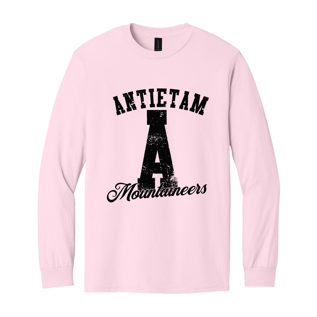Antietam Mountaineers A Monogram long sleeve t-shirt in Light Pink: ANTIETAM arched over a distressed varsity A with Mountaineers script