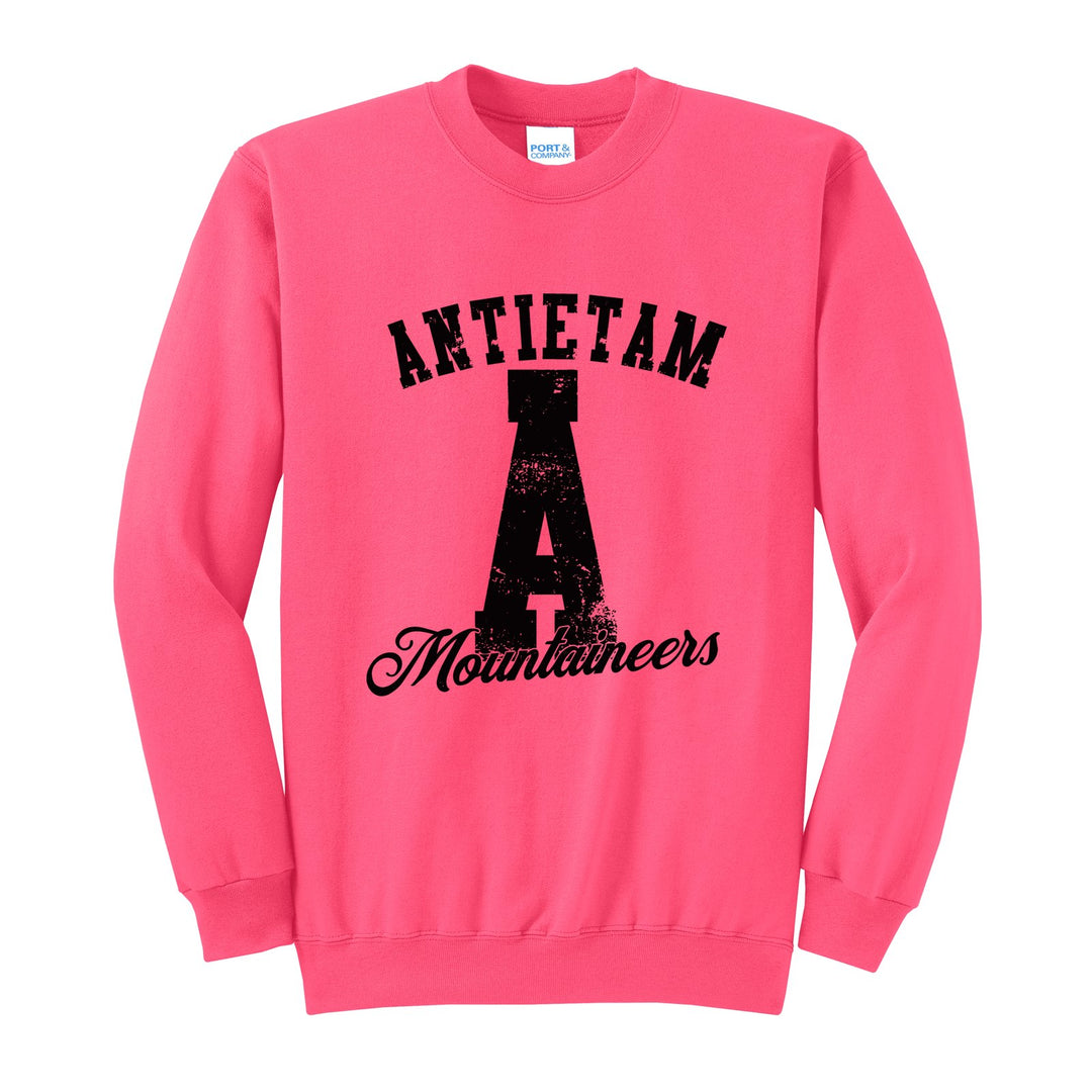 Antietam Mountaineers A Monogram crewneck sweatshirt in Neon Pink: ANTIETAM arched over a distressed varsity A with Mountaineers script
